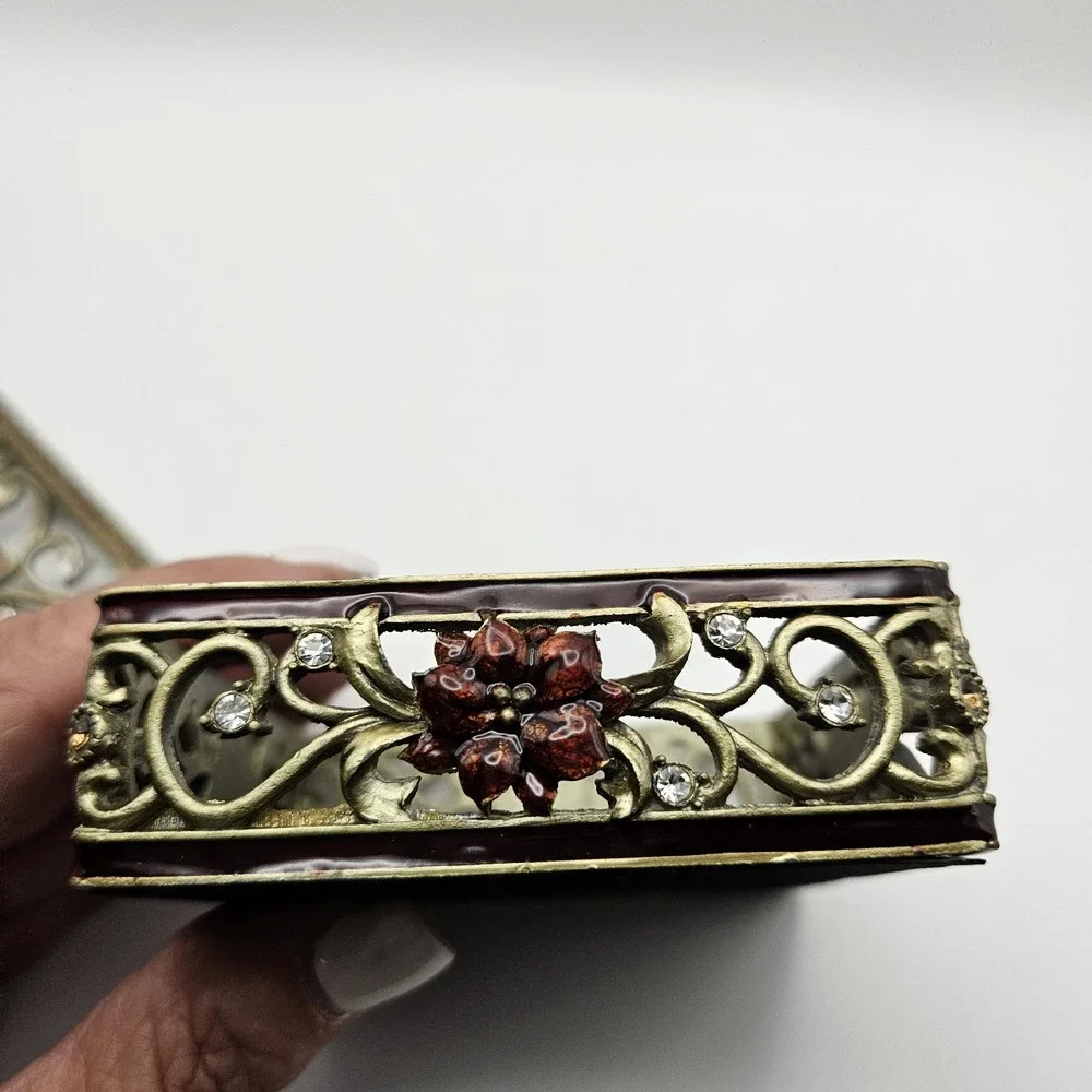 Ornate Square Enamel Floral Filigree Trinket Box with Rhinestone Accents 3